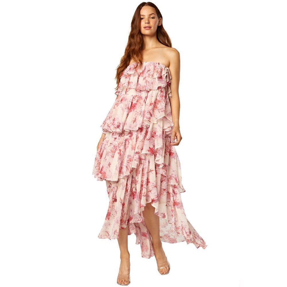 MISA Los Angeles Aphrodite Strapless Tiered Ruffle High-Low Dress